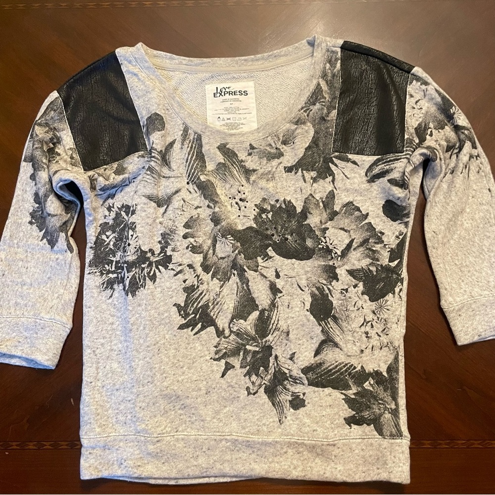 Express Gray Sweater with Black Floral Design and Black Faux Leather Patches S